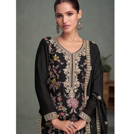Aarshi Fashions Black Chinon Heavy Embroidery Wedding Palazzo Suit