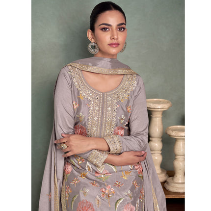 Aarshi Fashions Light Purple Chinon Heavy Embroidery Wedding Palazzo Suit