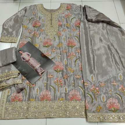 Aarshi Fashions Light Purple Chinon Heavy Embroidery Wedding Palazzo Suit