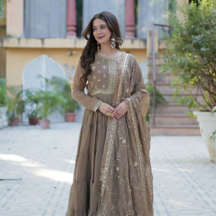 Aastha Fashion Beige Star Georgette Embroidery Party Wear Designer Gown