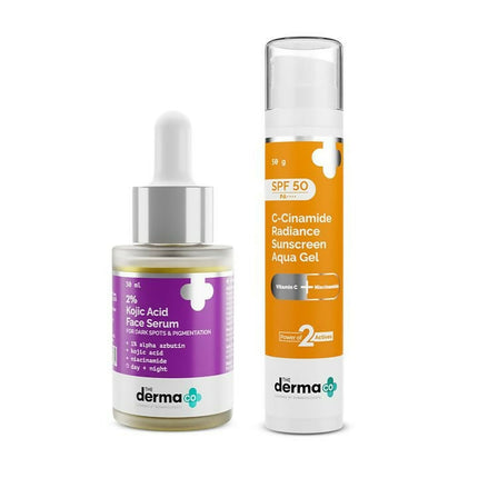 The Derma Co Radiant & Glowing Skin Combo: 2% Kojic Acid Face Serum & C-Cinamide Radiance Sunscreen Aqva Gel