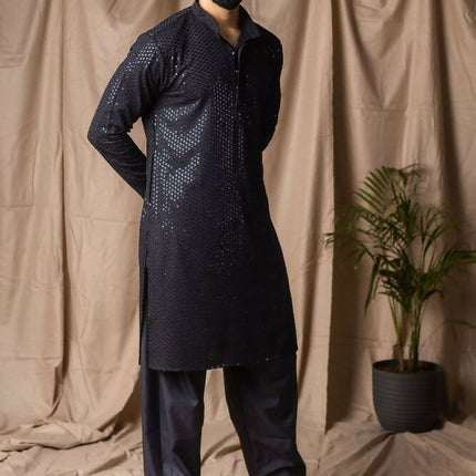 Black Rayon Thread Embroidery Work Kurta Set - Mahotsav