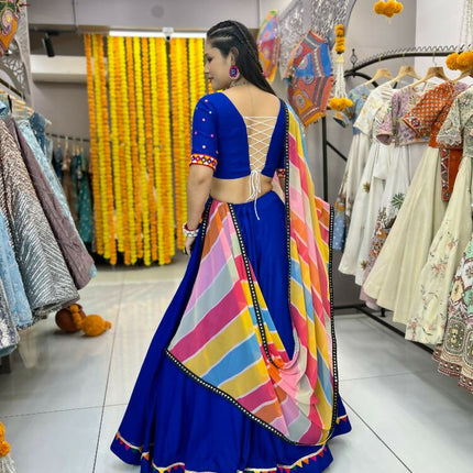 Aastha Fashion Blue Rayon Multi Colour Samosa Lace Semi Stitched Wedding Wear Lehenga Choli