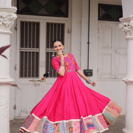 Lorenvalley Fashion Pink Roman Silk with Thread with mirror work & Maslin Crochet Print Work Gown