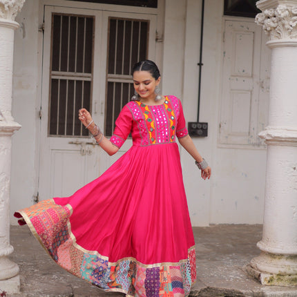 Lorenvalley Fashion Pink Roman Silk with Thread with mirror work & Maslin Crochet Print Work Gown