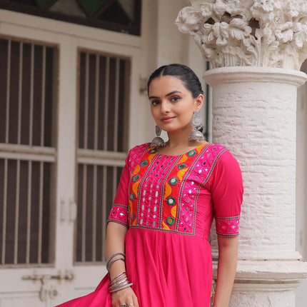 Lorenvalley Fashion Pink Roman Silk with Thread with mirror work & Maslin Crochet Print Work Gown