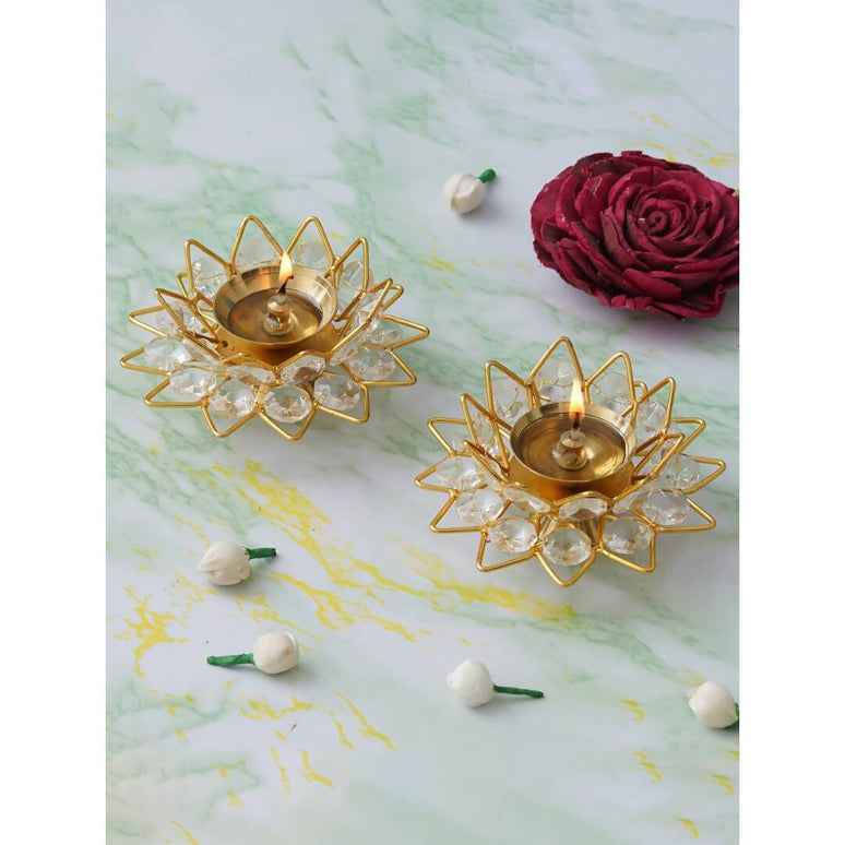 eCraftIndia Gold-Toned & White 2 Pieces Crystal Lotus Shape Brass Diyas