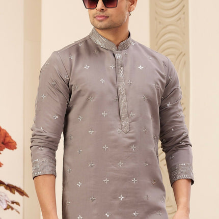 Raivat Ethnic Men's Art Silk Thread Work Kurta Pyjama In Brown Colour