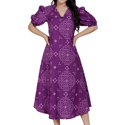 Miravan Womens Purple Bandhani Printed A-Line Maxi Dress