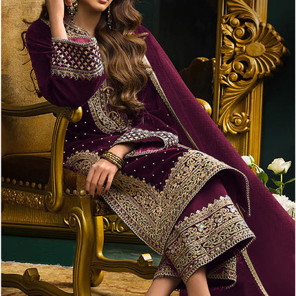 Lorenvalley Fashion Women Purple Velvet Embroidered Salwar Suit Material