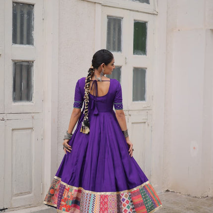 Lorenvalley Fashion Purple Roman Silk with Thread with mirror work & Maslin Crochet Print Work Gown