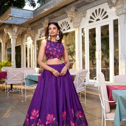 Lorenvalley Purple Tussar Silk Floral Print With Foil Work Lehenga Choli with Dupatta