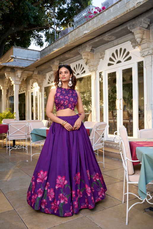 Lorenvalley Purple Tussar Silk Floral Print With Foil Work Lehenga Choli with Dupatta