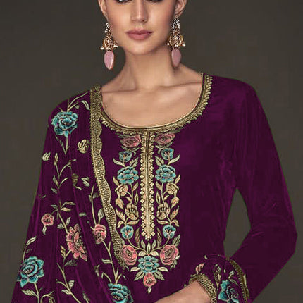 Lorenvalley Fashion Women Purple Velvet Embroidered Salwar Suit Material