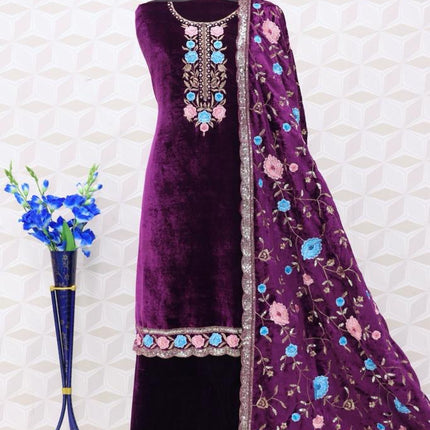 Lorenvalley Fashion Women Purple Velvet Embroidered Salwar Suit Material