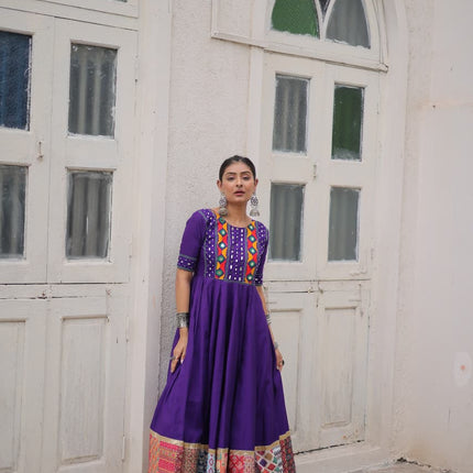 Lorenvalley Fashion Purple Roman Silk with Thread with mirror work & Maslin Crochet Print Work Gown