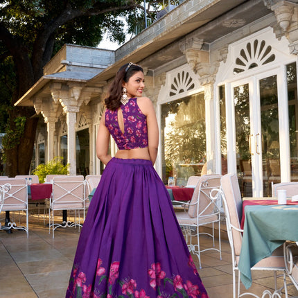 Lorenvalley Purple Tussar Silk Floral Print With Foil Work Lehenga Choli with Dupatta