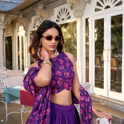 Lorenvalley Purple Tussar Silk Floral Print With Foil Work Lehenga Choli with Dupatta