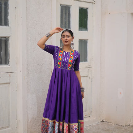 Lorenvalley Fashion Purple Roman Silk with Thread with mirror work & Maslin Crochet Print Work Gown