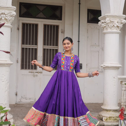Lorenvalley Fashion Purple Roman Silk with Thread with mirror work & Maslin Crochet Print Work Gown