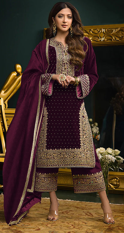 Lorenvalley Fashion Women Purple Velvet Embroidered Salwar Suit Material