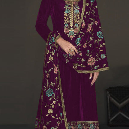 Lorenvalley Fashion Women Purple Velvet Embroidered Salwar Suit Material