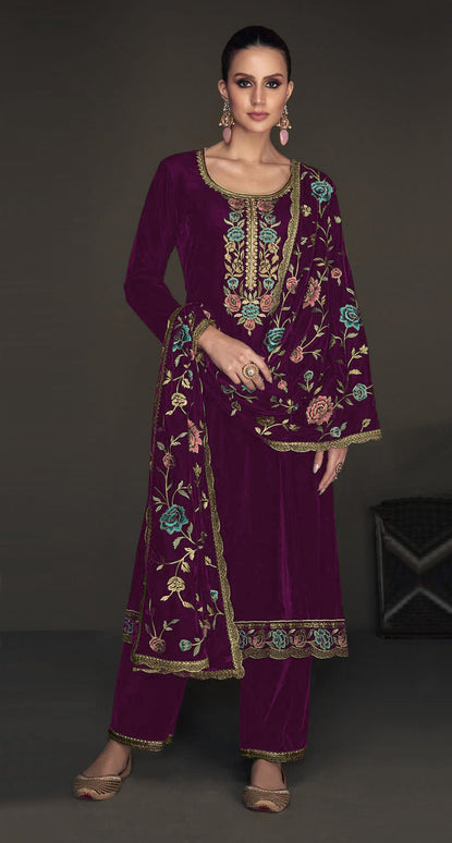 Lorenvalley Fashion Women Purple Velvet Embroidered Salwar Suit Material