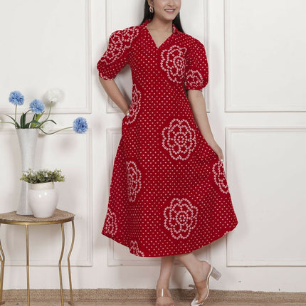 Miravan Womens Red Bandhani Printed Collar Neck Maxi Dress