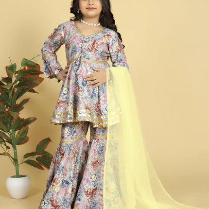 Divine Drape Girls Muslin MultiColour Printed Straight Kids Kurta Sharara With Dupatta