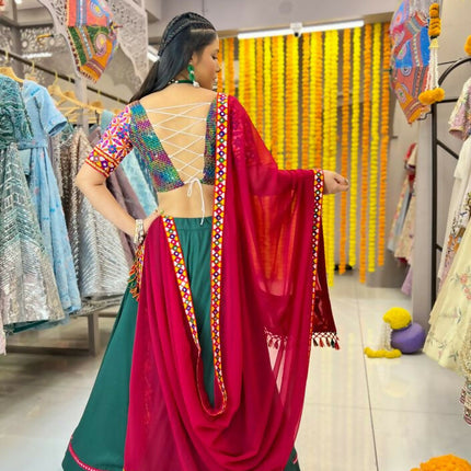 Aastha Fashion Green Reyon Readymade Mirror Lace Semi Stitched Wedding Wear Lehenga Choli