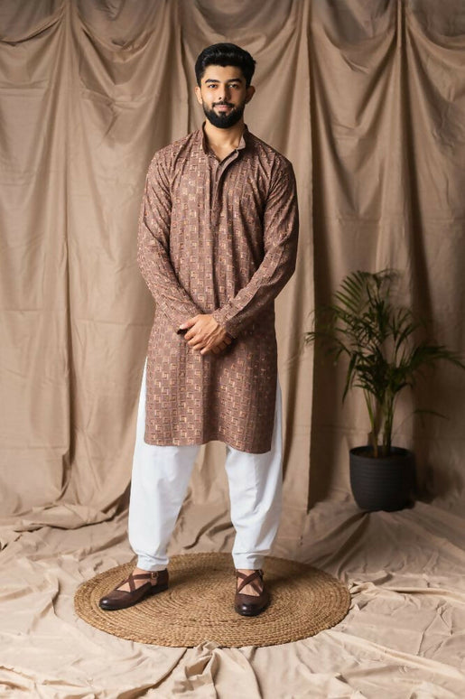 Brown Rayon Thread Embroidery Work Kurta Set - Mahotsav
