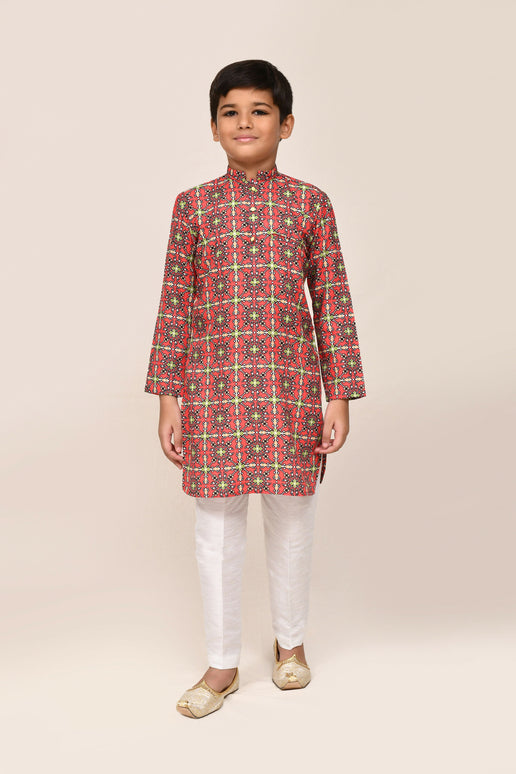 Joban Fashion Cotton Red Kurta With Straight Fit Pant
