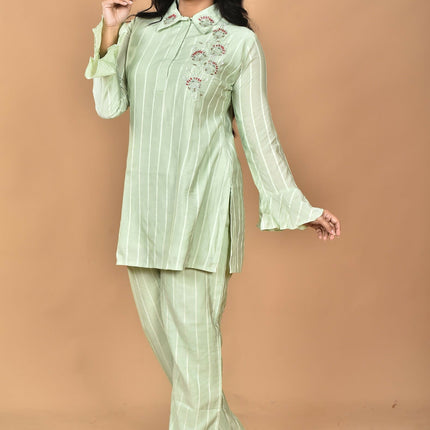 Morchari Women And Hand Embroidery Co-Ords-Green