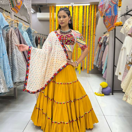 Aastha Fashion Yellow Rayon Readymade Lace Semi Stitched Wedding Wear Lehenga Choli