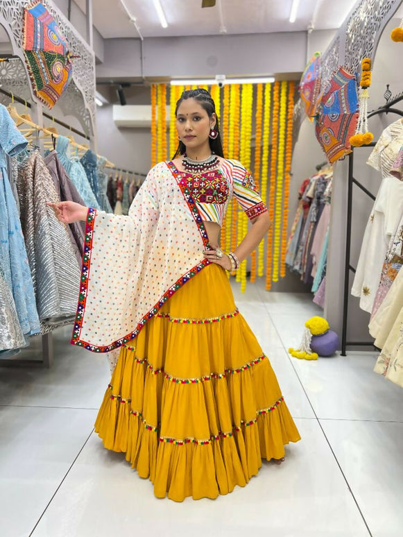 Aastha Fashion Yellow Rayon Readymade Lace Semi Stitched Wedding Wear Lehenga Choli