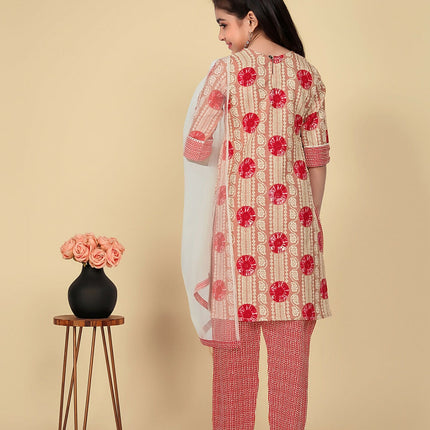 Divine Drape Girls Poly Cotton Red Embroidered Straight Kids Kurta Pant With Dupatta