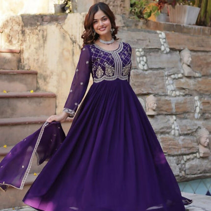 Aastha Fashion Purple Faux Blooming Sequins-Multi & Beads Embroidered Work Party Wear Designer Gown