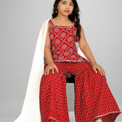 Divine Drape Girls Rayon Red Printed Straight Kids Kurta Sharara With Dupatta