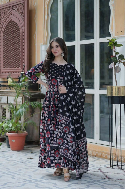 Aastha Fashion Black Pure Cotton Printed Party Wear Designer Gown