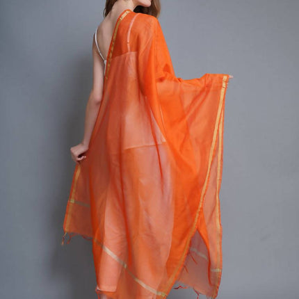 Shehnaai Chanderi Silk Dupatta In Orange Colour With Golden Woven Border