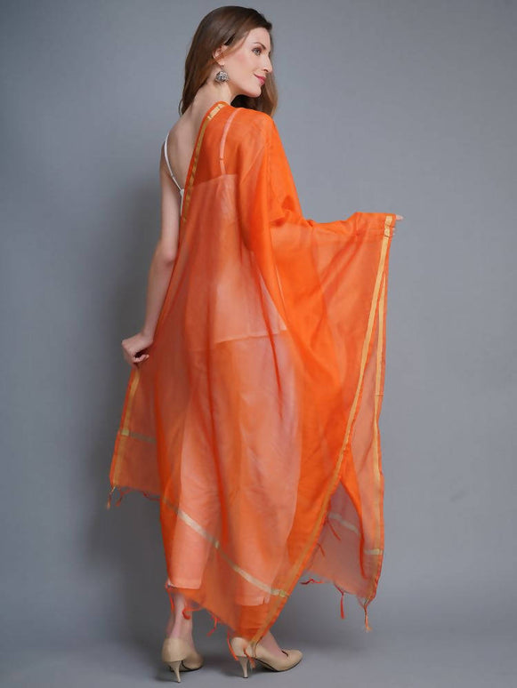Shehnaai Chanderi Silk Dupatta In Orange Colour With Golden Woven Border