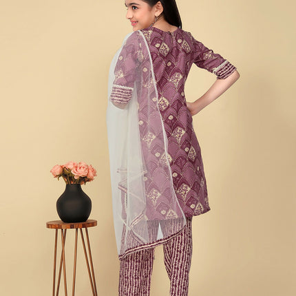 Divine Drape Girls Poly Cotton Purple Embroidered Straight Kids Kurta Pant With Dupatta