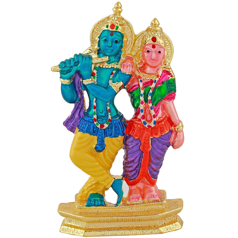 Estele Gold-Polished Devotional Shree Radha Krishna Idol with Multi Color Stone Type:Enamel for Home/Car Decor