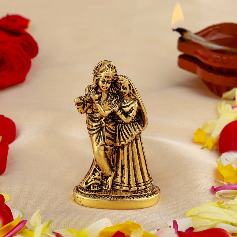 Estele Gold-Polished Devotional Shree Radha Krishna Idol for Home/Car Decor