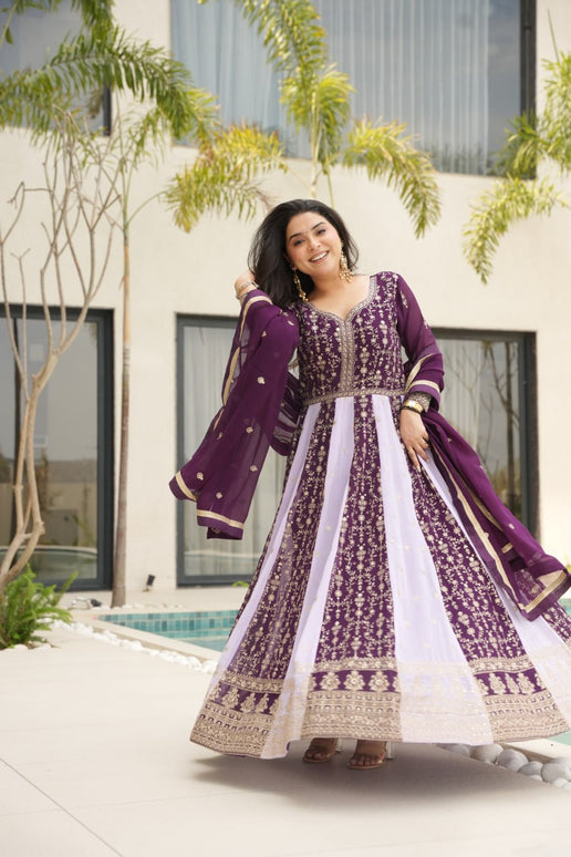 Rivasha Fashion Women Faux Blooming with Rich Zari & Sequins Embroidered Work Gown With Dupatta - Purple