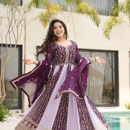 Rivasha Fashion Women Faux Blooming with Rich Zari & Sequins Embroidered Work Gown With Dupatta - Purple