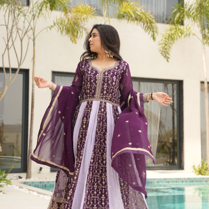 Rivasha Fashion Women Faux Blooming with Rich Zari & Sequins Embroidered Work Gown With Dupatta - Purple