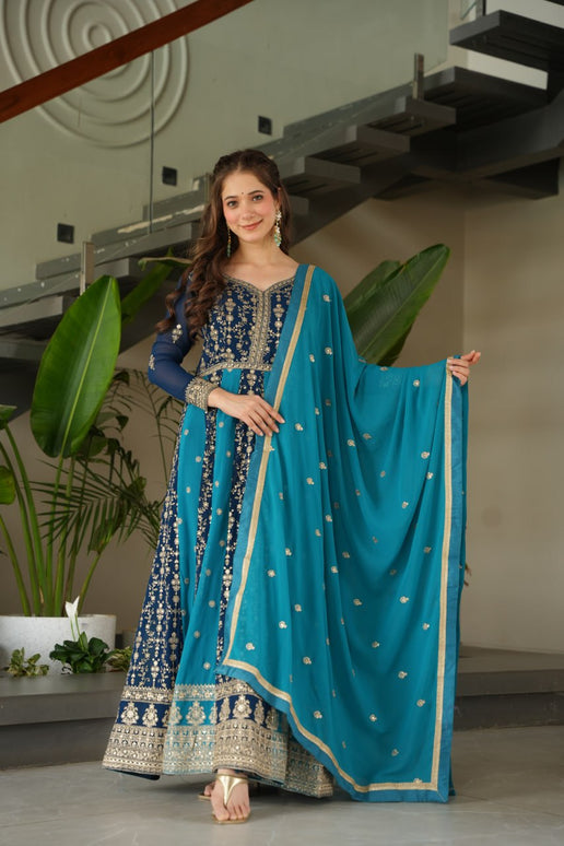 Rivasha Fashion Women Faux Blooming with Rich Zari & Sequins Embroidered Work Gown With Dupatta - Sky Blue