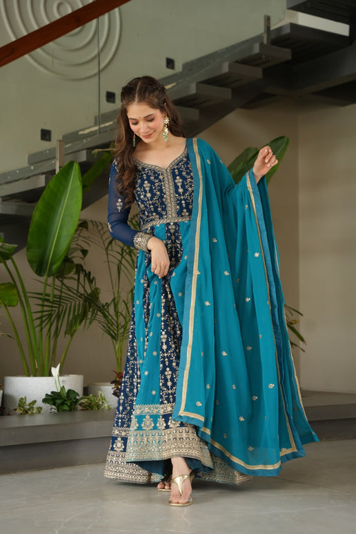 Rivasha Fashion Women Faux Blooming with Rich Zari & Sequins Embroidered Work Gown With Dupatta - Sky Blue