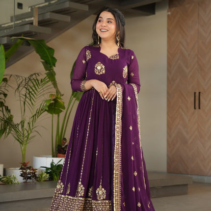 Rivasha Fashion Women Faux Blooming with Rich Zari & Sequins Embroidered Work Gown With Dupatta - Purple